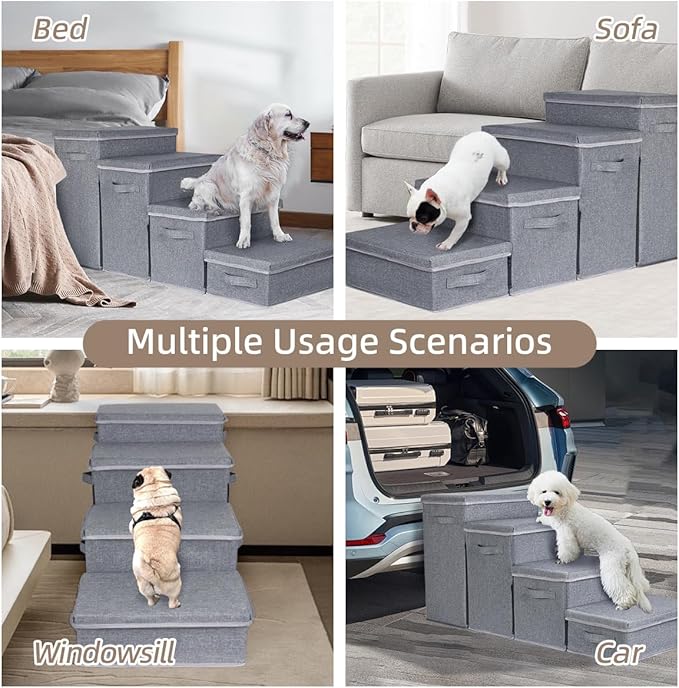 Dog Stairs with Storage, 4-Step Folding Pet Steps for Small Dogs and Cats, Pet Steps Storage with Zip, Pet Stairs for High Bed, Couch and Car Ramp (Gray, 4 Steps no Condo)