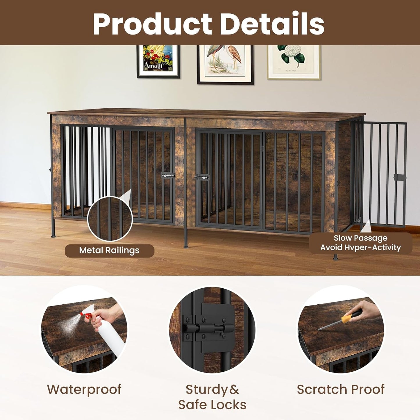 Dog Crate Furniture 78" for 2 Dogs Sturdy Heavy Duty Dog Kennel Solid Metal Tube Thick Wooden with 3 Lockable Doors XXL Double Dog Cage Large Breed as End Table for Large Dogs Rustic Brown