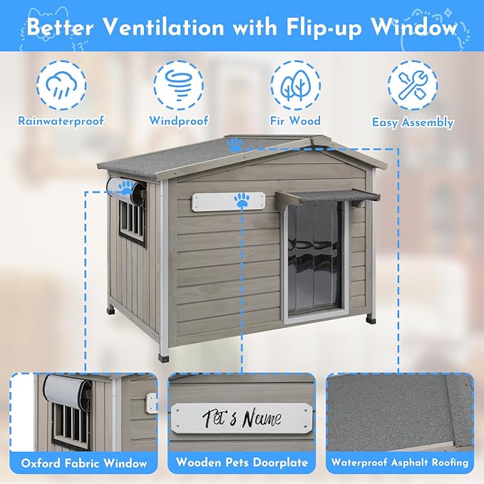 Outdoor Dog House Weatherproof Large Wooden Dog Kennel Indoor for Small Dogs with Chew-Proof Frame, Oxford Fabric Window, Removable Floor Pet Shelter (Grey, 40.1" D x 26.4" W x 28" H)