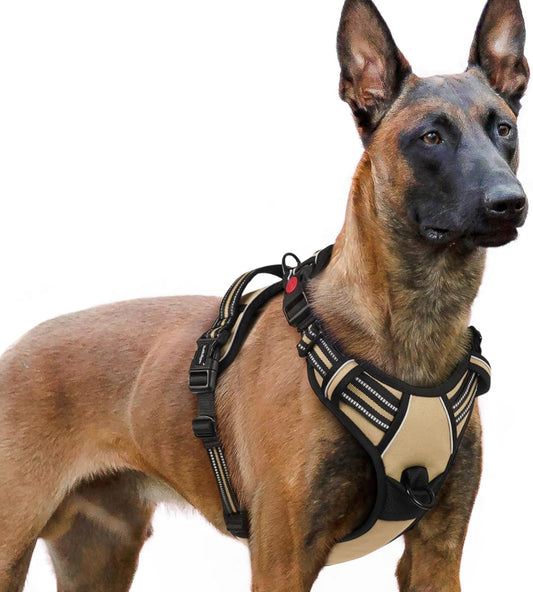 rabbitgoo Dog Harness for Large, No Pull Pet Harness with 3 Buckles, Adjustable Soft Padded Vest with Control Handle, Walking Reflective Pet Vest for Extra Large Dogs, Beige, XL