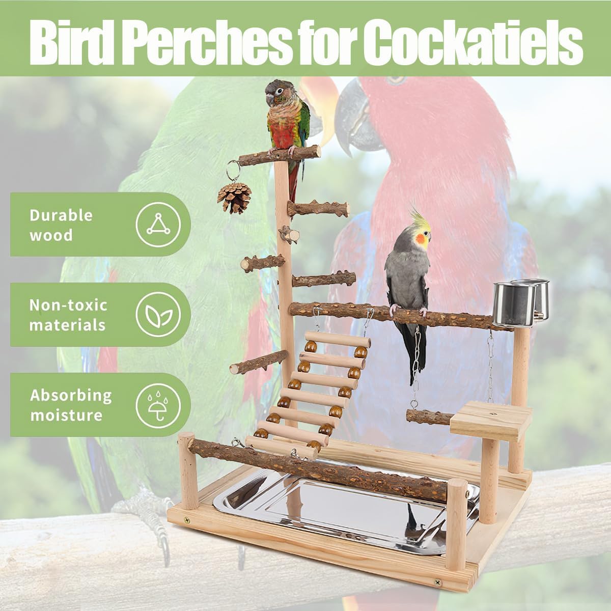 Bird Playground, Parrot Perch Stand, Natural Wood Bird Play Stands for Cockatiel Wood Perch Gym Playpen Ladder with Removable Tray and 2 Stainless Steel Cups, Bird Cage Accessories, Parrot Swing