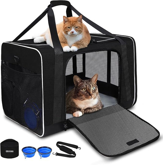 Petskd Extra Large Pet Carrier 24"x17"x17" for Large Cat or Medium Dog, Collapsible Soft Sided Dog cat Carrier for Long Trips with Lockable Safety Zippers(Black)