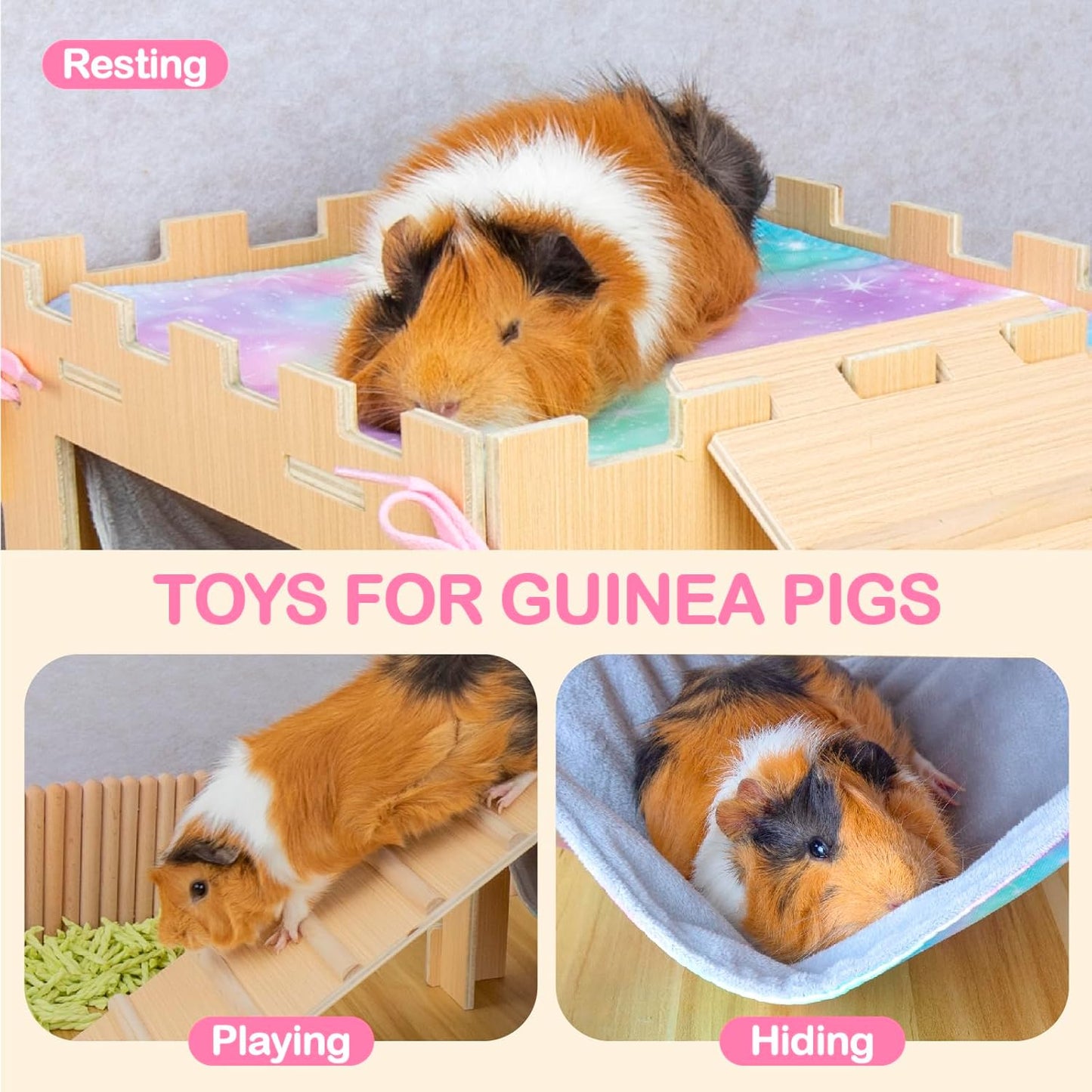 Guinea Pig Hammock with Platform and Ramps,Wooden Small Animal Hideout with Waterproof Coating Mat Hammock,Guinea Pig Cages Accessories Toys Hiding Playing,Easy to Clean(Single)