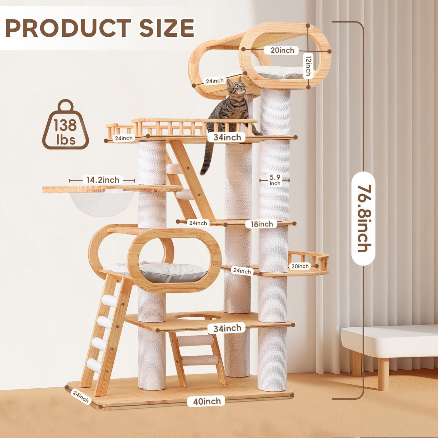 76.8'' Tall Modern Large Cat Tree,Multi-Level Wood Cat Tower for Indoor Cats Large Adults,Luxury Heavy Duty Cat Condo with Cushion,Scratching Posts,Clear Hammock Activity (76.8inch)