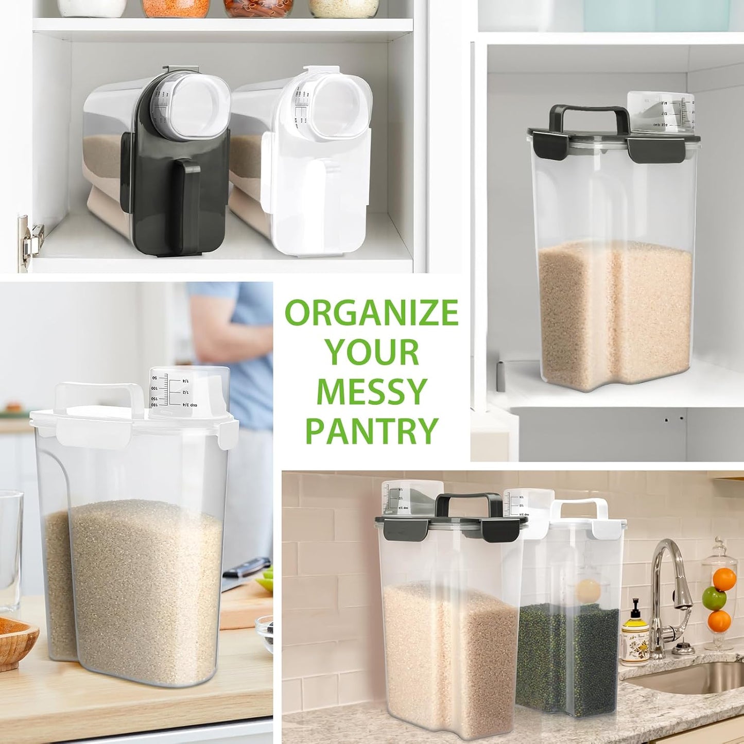 Rice Storage Container, 5 to 10lb Dry Food Airtight Dispenser, Pet Dog Cat Food Canister, BPA Free Clear Plastic Kitchen and Pantry Bin for Oatmeal, Cereal, Pasta, Flour Pack of 2 Grey