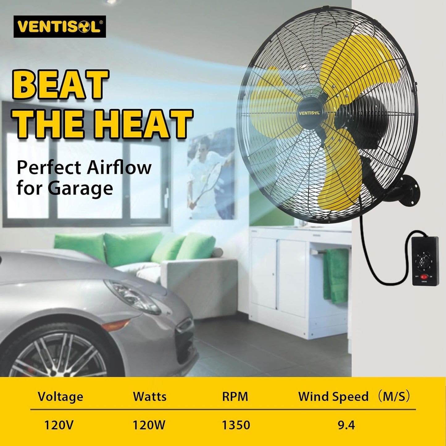 VENTISOL 20 Inch Wall Mount Fan Oscillating, High Velocity Industrial Wall Fan for Indoor, Commercial, Residential, Warehouse, Greenhouse, Workshop, Basement