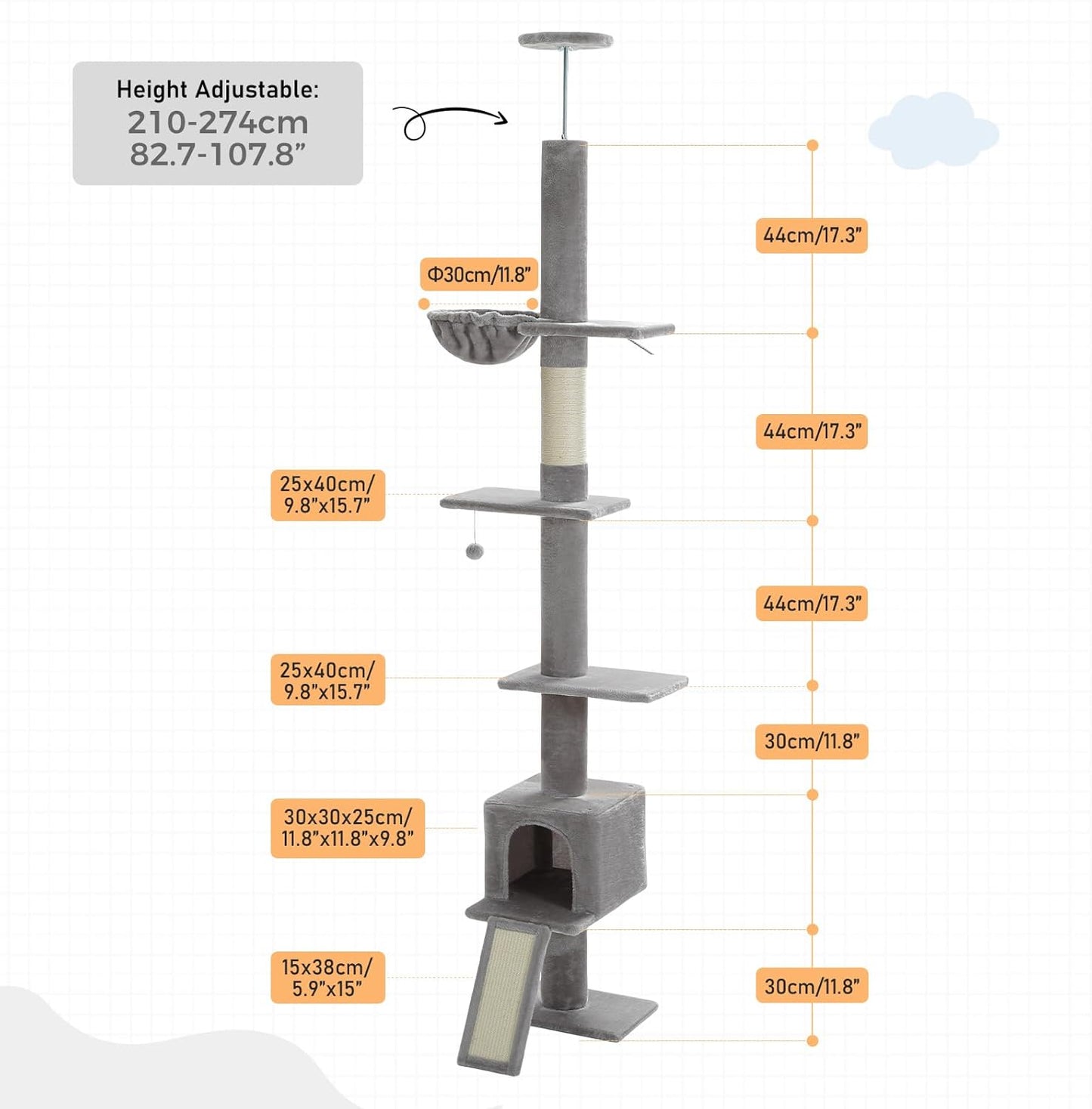 PEQULTI Floor to Ceiling Cat Tree, Tall Cat Tower, Adjustable Height (83''-108'') 5 Levels Climbing Tree for Indoor Cats with Cat Condo, Cozy Hammock and Scratching Post, Grey