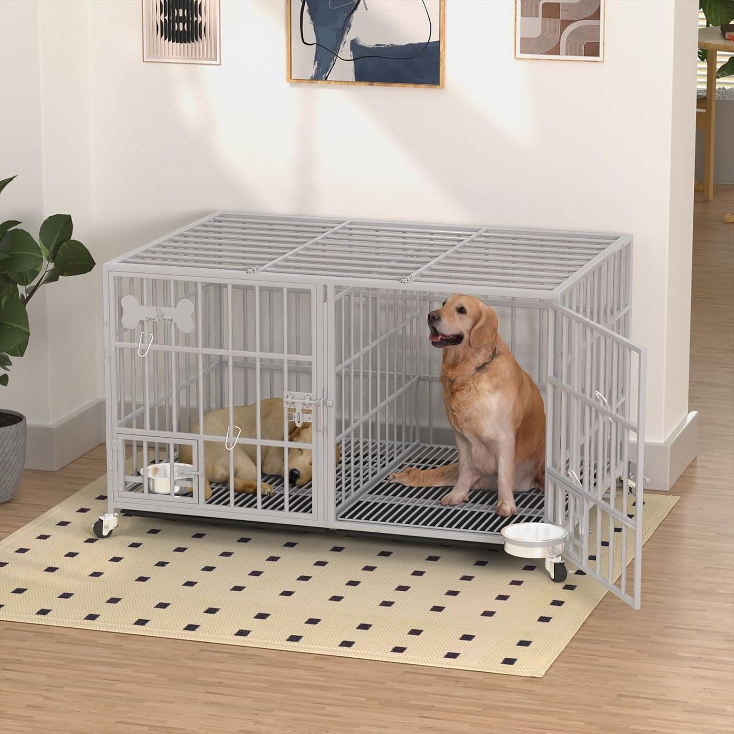 aboxoo 48/42 inch Heavy Duty Metal Dog Crate for 2 Dogs/Large Dog,All Metal Open Top,Dog Kennel Indoor with Wheels,Floor Grid, Tray, Divider and Feeding Bowl (Sliver)