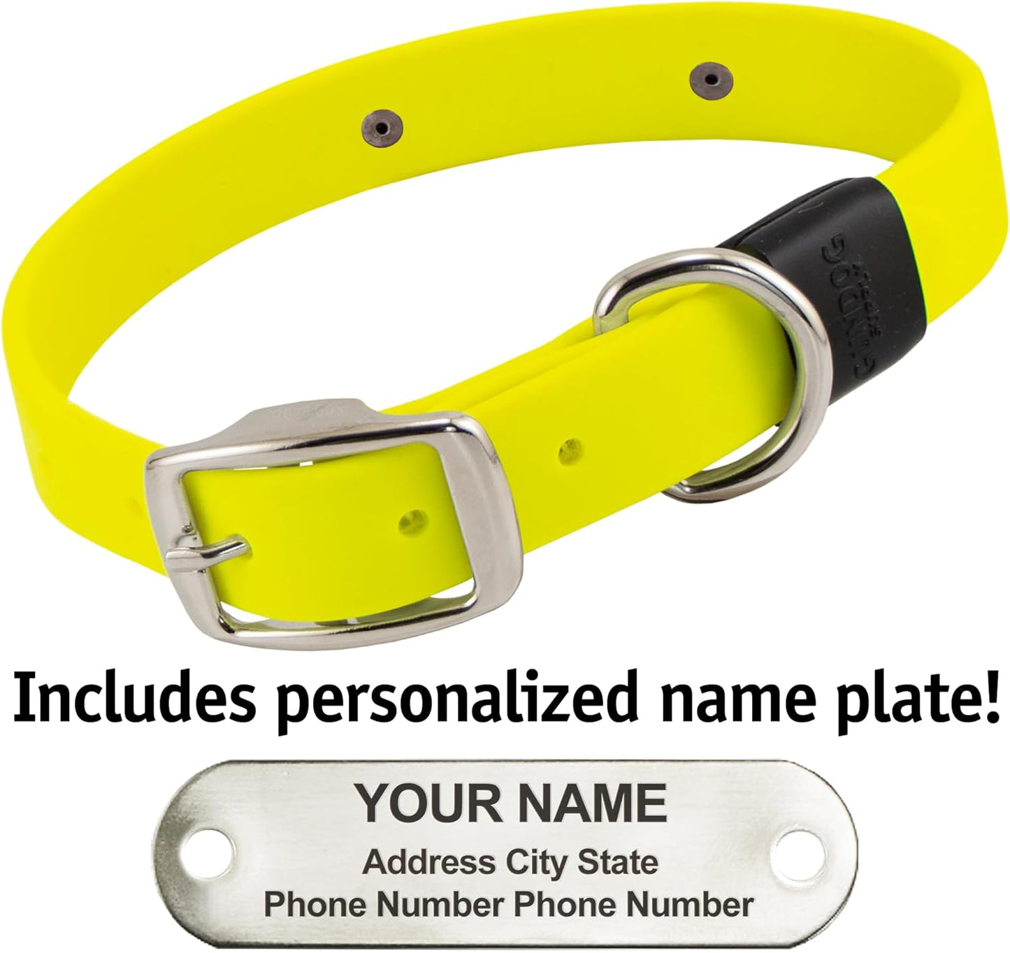 Biothane Custom Dog Collar – Waterproof, Stink-Proof Personalized Collar with Name & Phone Number – Durable, Many Sizes and Colors – Assembled in USA (Bright Yellow)