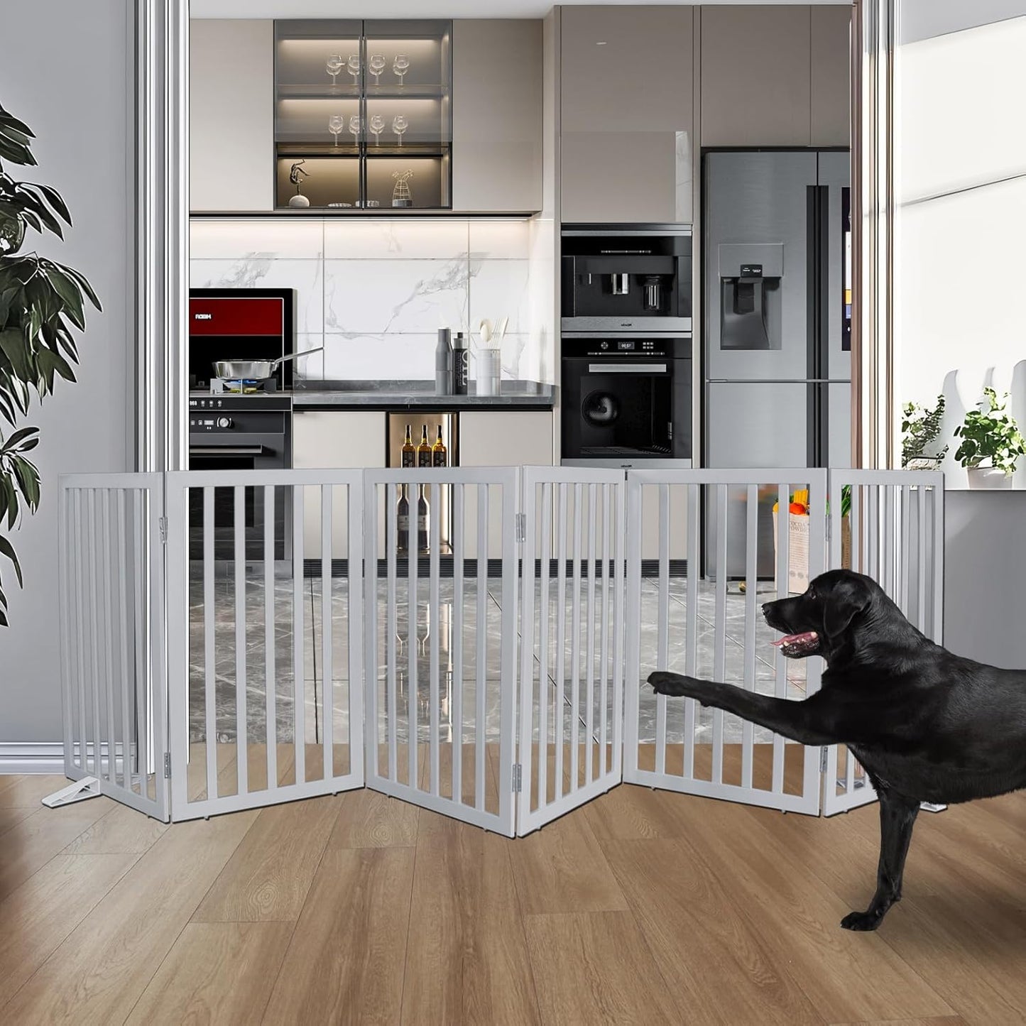 ZJSF Freestanding Indoor Dog Gate for House Foldable Wood Puppy Gate for Doorways Pet Gate for Stairs Extra Wide Pet Fence, Grey, 32" Height 6 Panels