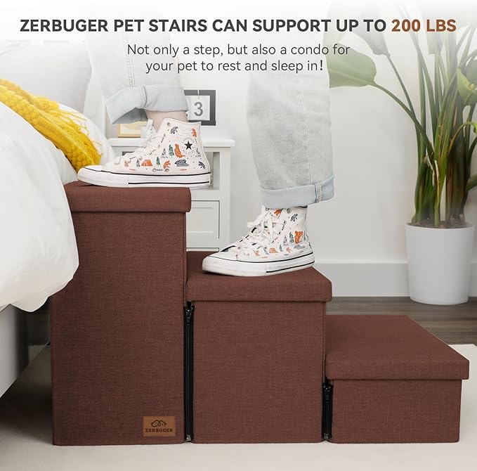 Dog Stairs with Storage 18" H, 3-Step Wider Dog Steps for Small/Medium/Large Old Dogs Cats, Folding Sturdy Pet Stairs Climbing Bed Couch, Ramp for Car Hold Up to 200 lbs (Brown, No Condo)