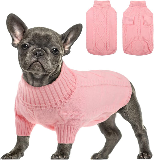Queenmore Small Dog Pullover Sweater, Cold Weather Cable Knitwear, Classic Turtleneck Thick Warm Clothes for Chihuahua, Bulldog, Dachshund, Pug, Yorkie (Pink, Large)