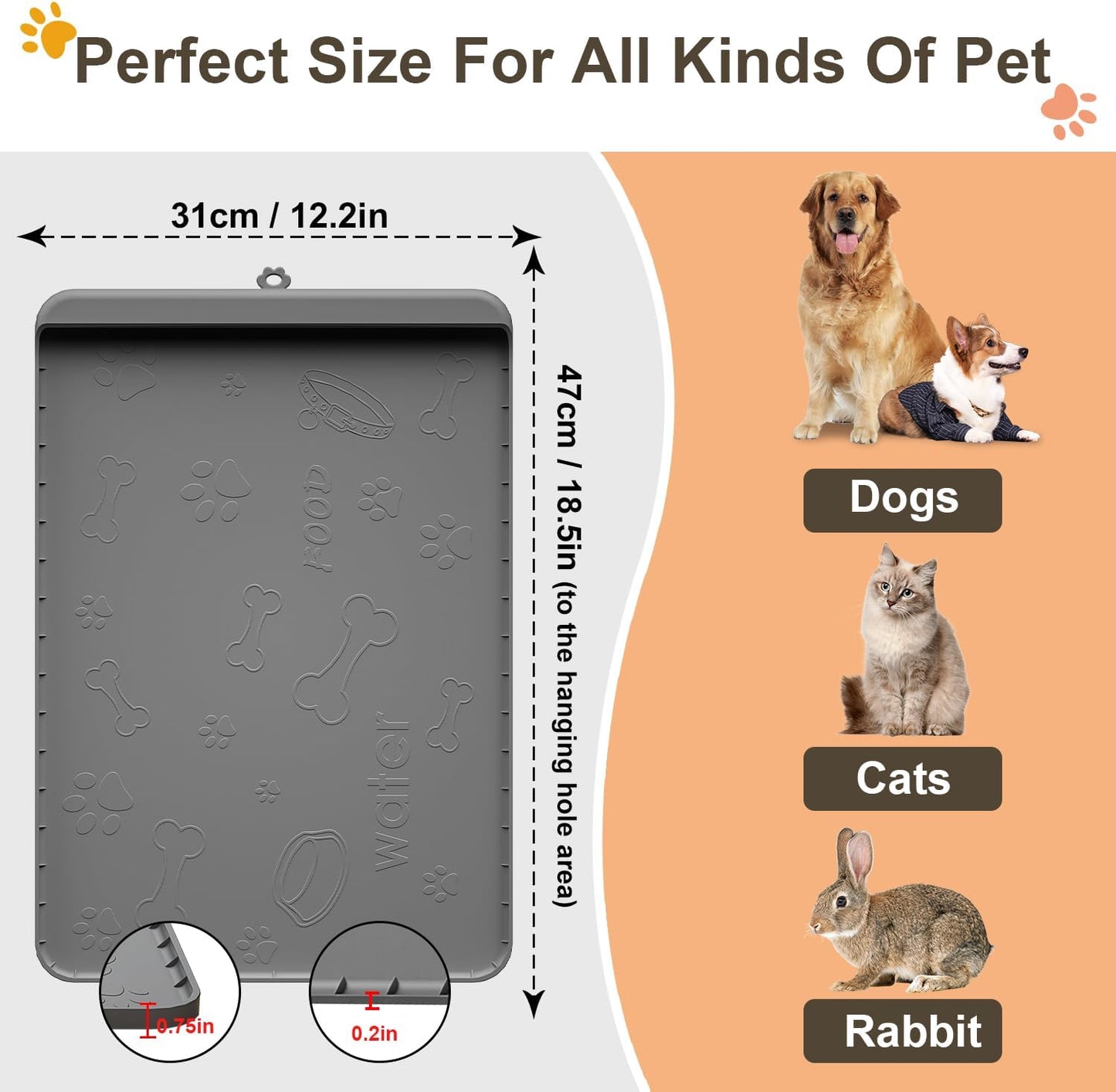 Dog Food Mat - Silicone Dog Mat for Water - 19" x 12" Pet Feeding Mats with Residue Collection Pocket - Waterproof Cat Bowl Mat with High Edges to Prevent Water Food Spills (Gray)