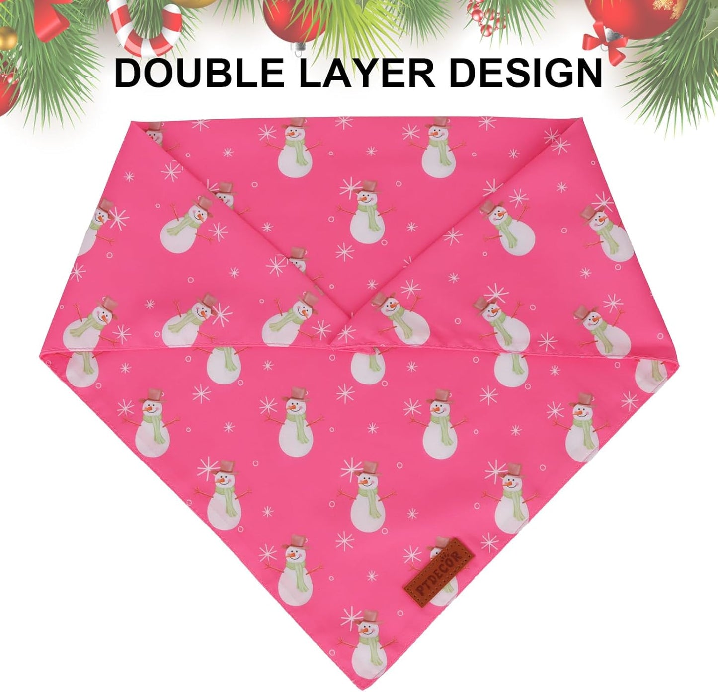 PTDECOR Christmas Dog Bandana, Santa Snowman Design Reversible Holiday Pet Scarf, Pink Triangle Fit Female Christmas Bandanas for Small Dogs Pets (Small)
