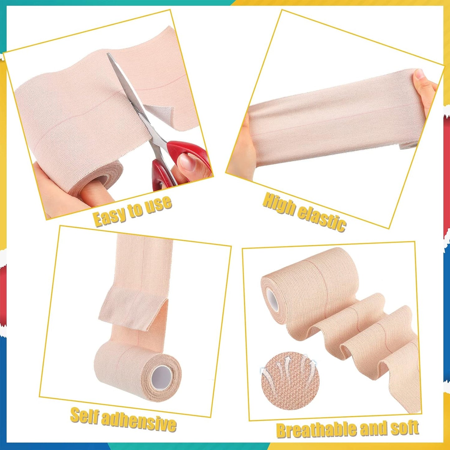 4 Rolls Elastic Tape Adhesive Elastic Tape Self Adhesive Bandage Wrap Flexible Stretch Bandages for Sports Ankle, Knee and Wrist Sprains Animal Pets, 5 Yard (4 Inch in Width)