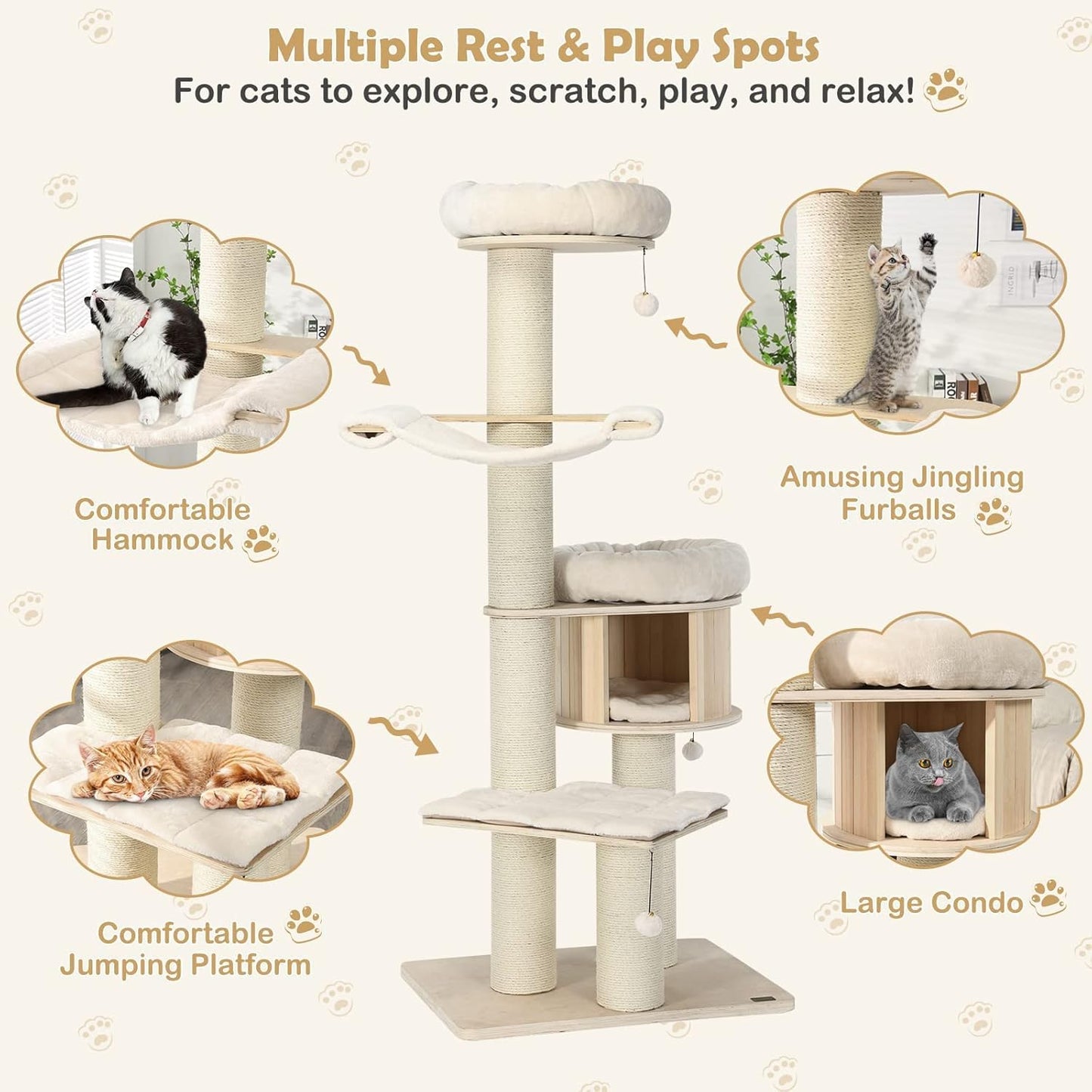 Tangkula Modern Cat Tree, Multi-Level Large Cat Tower with Condo, Hammocks & Hanging Basket, Tall Cat Tree with Sisal Posts, Washable Cushions, Wood Cat Trees and Towers for Indoor Large Cats