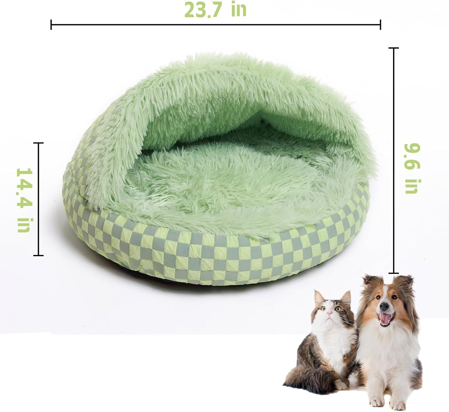 Cat Bed Hooded Plush Nest with Self-Warming Cozy Cave, Calming Anti-Anxiety Pet Bed for Indoor Cats & Small Dogs, Removable Washable Cover & Waterproof Bottom - Green