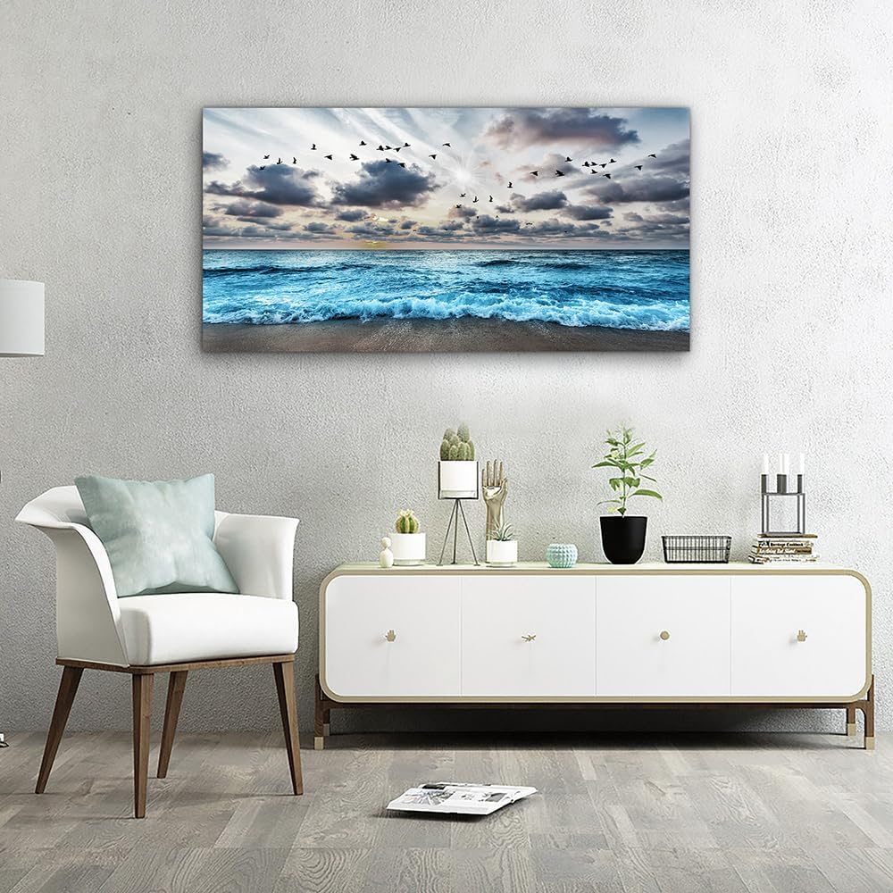 Lapremoly Black And White Beach Wall Painting Canvas Wall Art For Living Room Wall Decor For Bedroom Office Wall Decor Blue Sea Wave Pictures Artwork Modern Hotel Room Home Wall Decoration 20x40 In