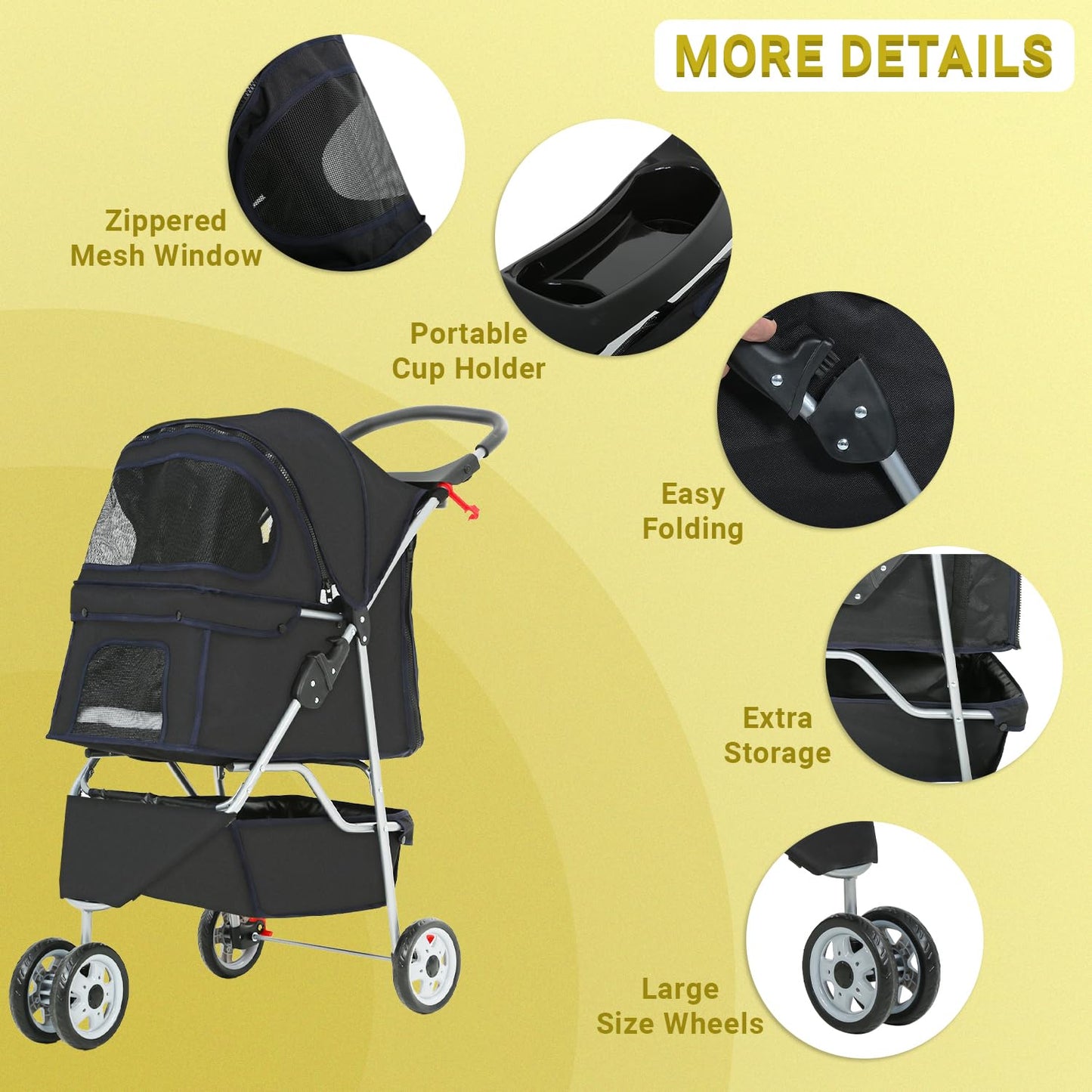Pet Stroller Dog Stroller Portable Travel 3 Wheel Foldable Cat Stroller with Storage Basket and Cup Holder for Small and Medium Cats,Dogs,Puppy,Black
