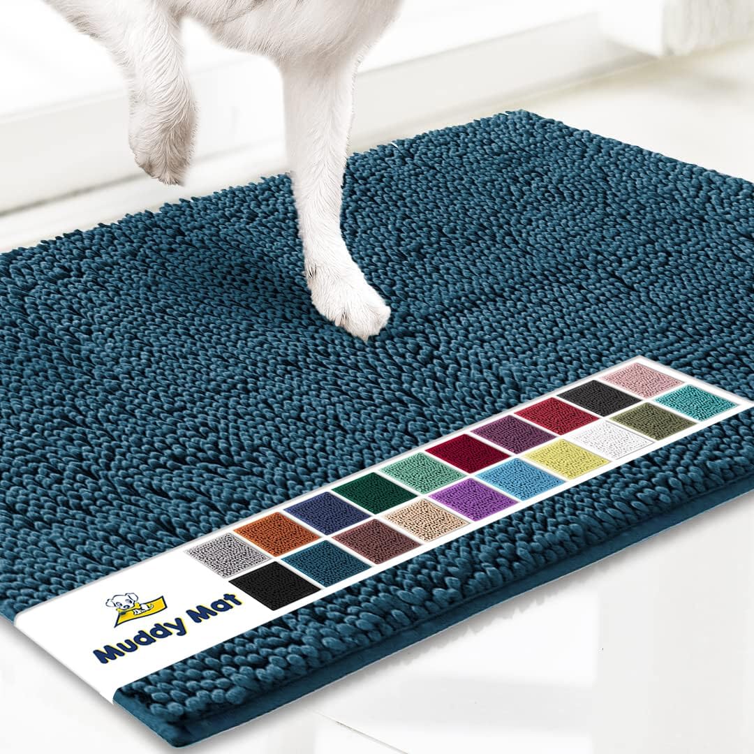 Muddy Mat® Original Dog Door Mat for Muddy Paws, Super Absorbent Microfiber, Non-Slip Washable Pet Rug, Quick Dry Chenille Entryway Carpet, Machine Washable Indoor Outdoor mat, Atlantic Blue 24"x120"