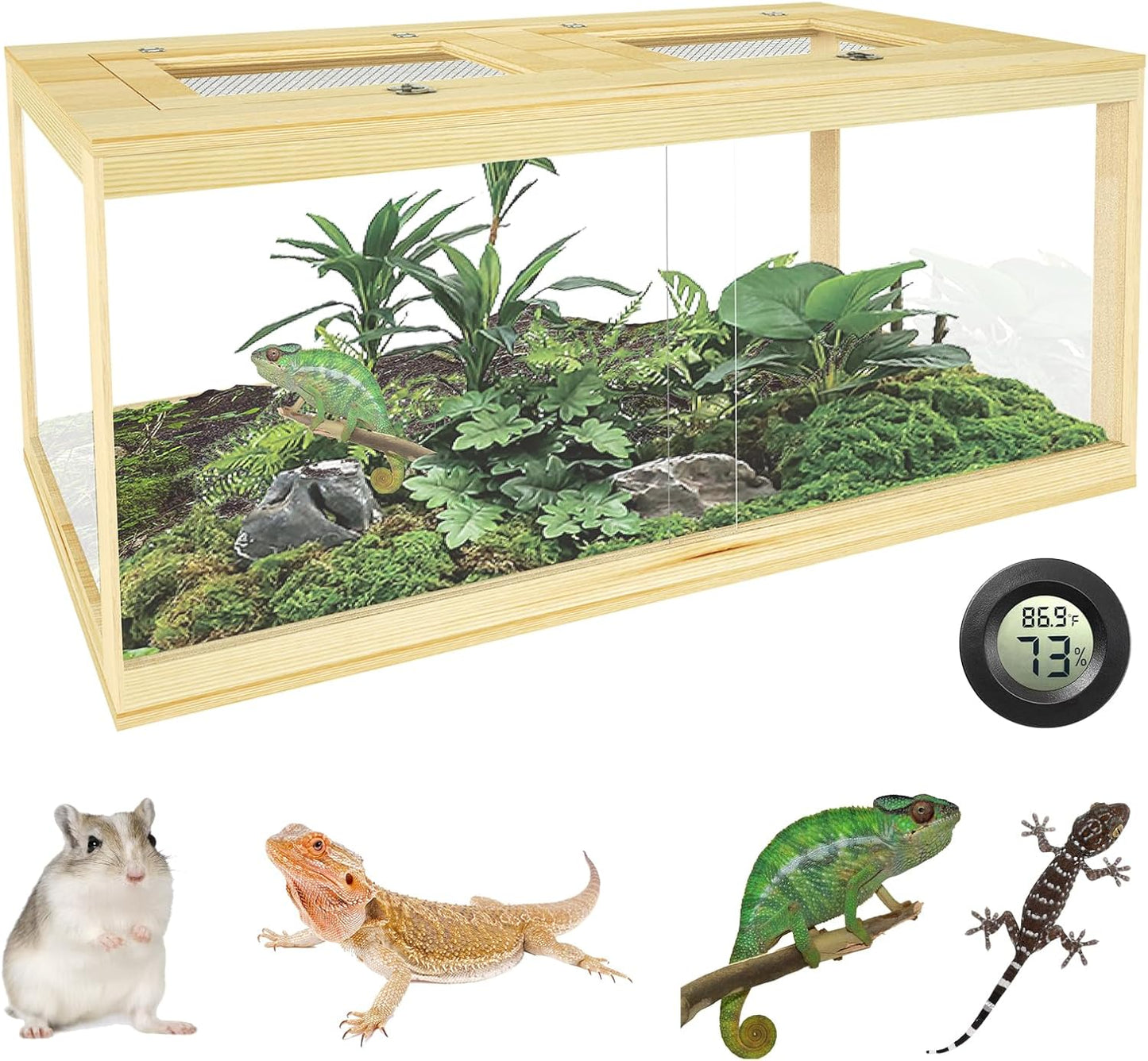 80 Gallon Reptile Tank - 48" Lockable Sliding Door Bearded Dragon & Snake Tank with Metal Mesh Roof, Front Opening Terrarium for Lizards, Leopard Gecko (Wood, 48" x 20" x 20")
