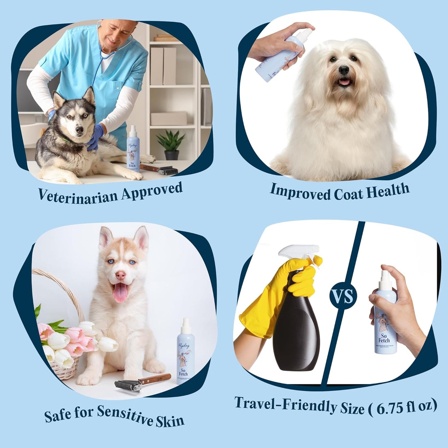 FlyDog Detangler Combo for Dogs & Cats – Leave-in Hair Detangler Spray for Tangle-Free Grooming & Tailored Comb for Dematting & Deshedding | Coat Conditioner | Deodorizing & Long-Lasting Freshness