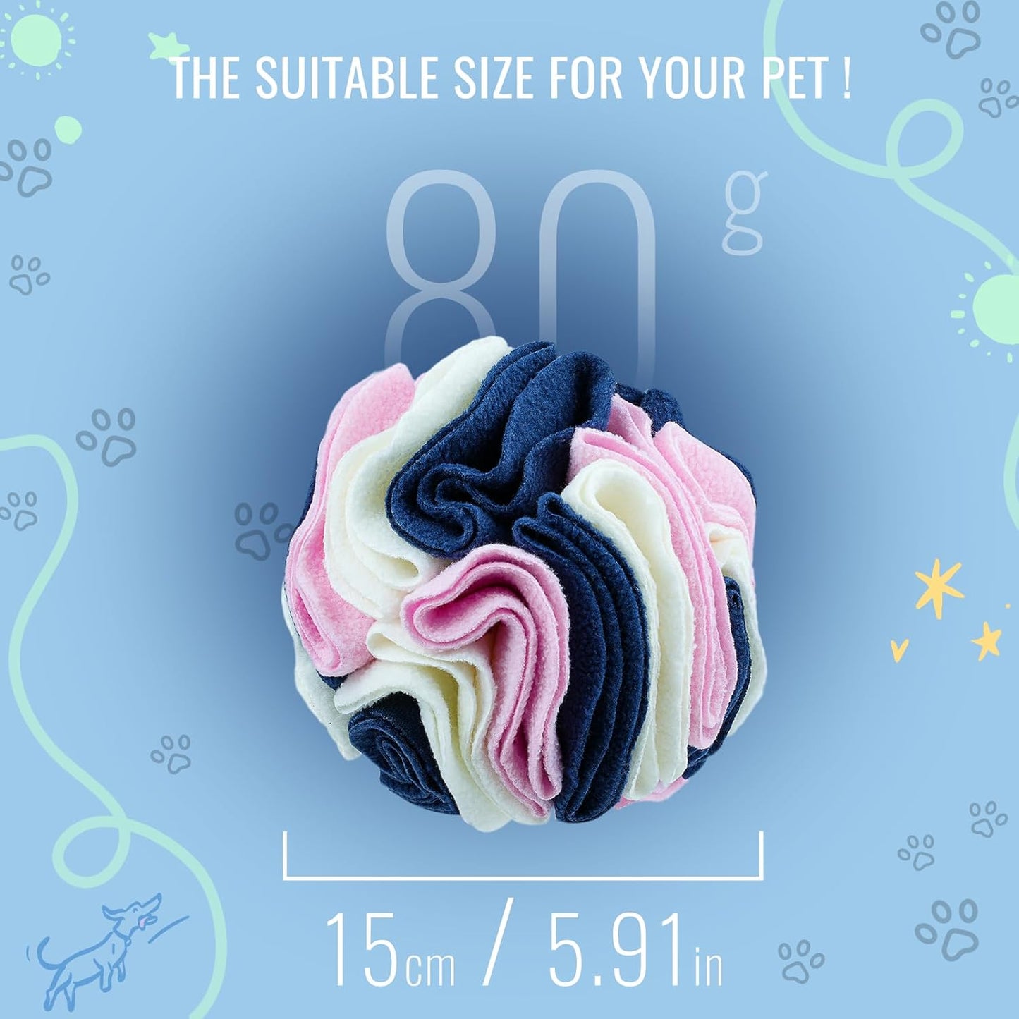 Pet Snuffle Ball, Puzzle Sniffing Interactive Dog Ball for Blind Dogs Training Stress Relief Dog Enrichment Toys Treat Machine Washable (15cm, Classic Pink Blue White)