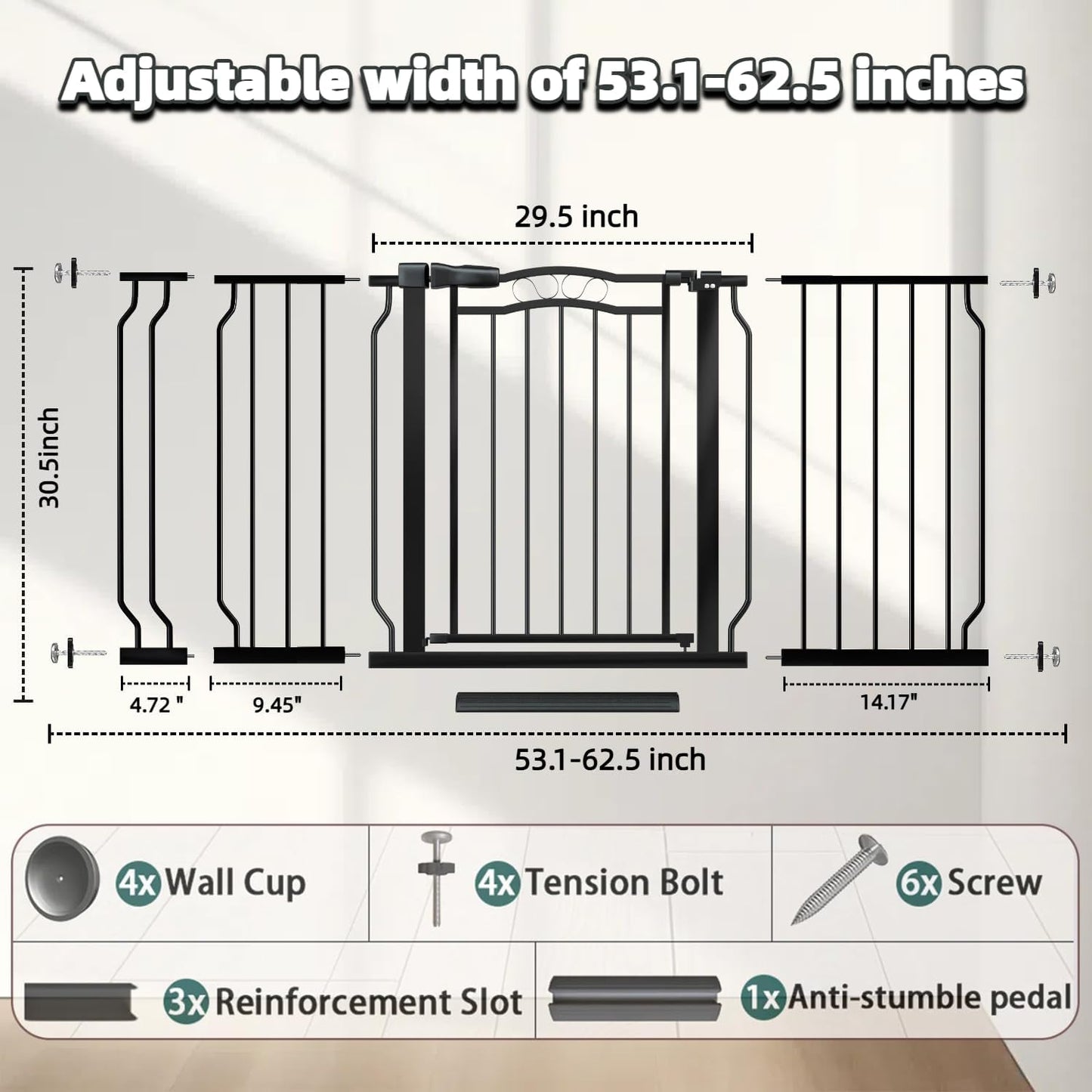 53.1-62.5 Inch Extra Wide Baby Gate, Pressure Mounted Dog Gate Indoor, Walk Thru Pet Gate for Cat Dog Child,Pet Gates for The House Doorway Black