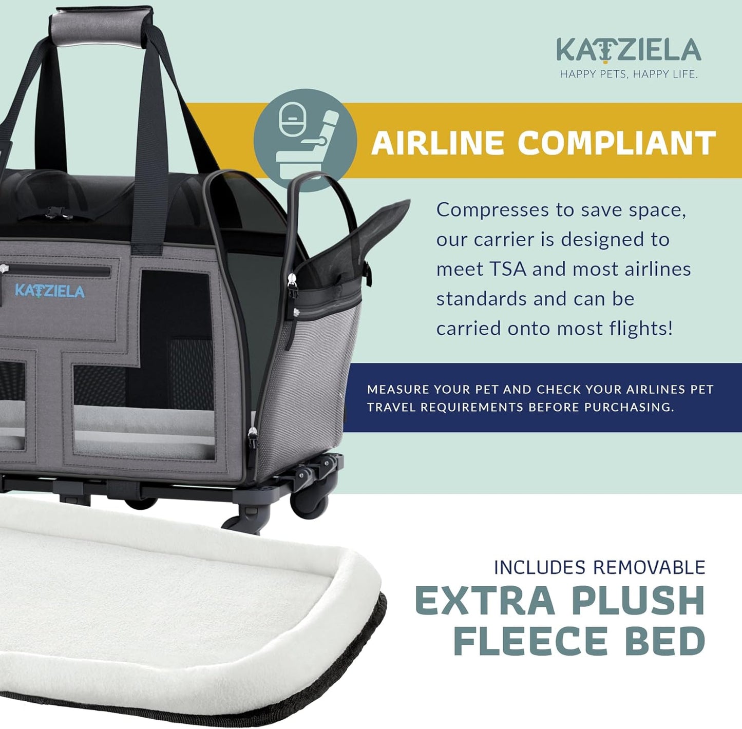 Katziela Airline Approved Pet Carrier - Rolling Portable Travel Carry Crate for Small Dog, Puppy or Cat - Soft Removable Wheeled Design with Mesh Window Sides - Airplane and TSA Compliant (Dark Grey)