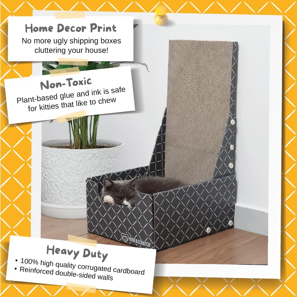 HIDE & SCRATCH 26" L Shaped Cat Scratcher Box and Cat Bed with Double-Sided Cardboard Cat Scratch Pad