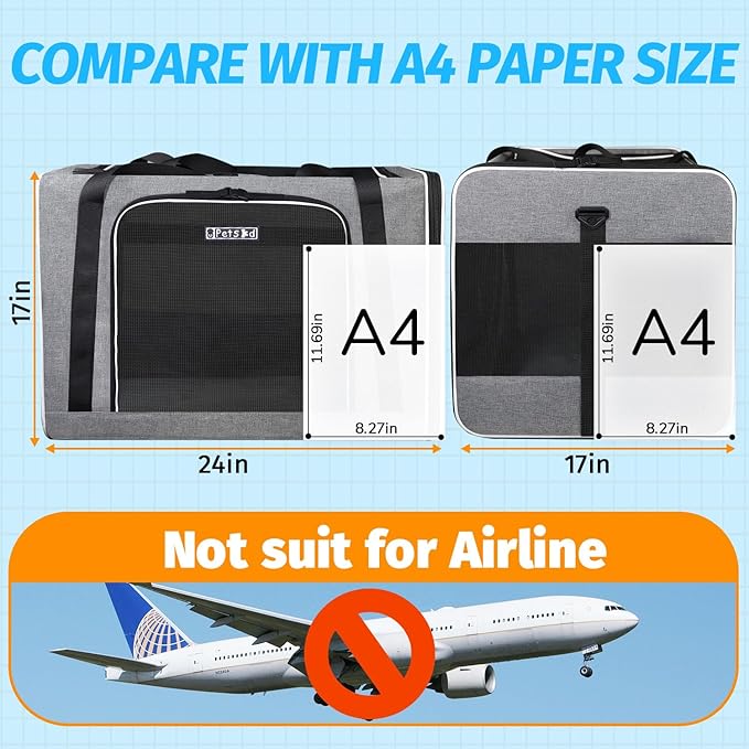 Petskd Extra Large Pet Carrier 24"x17"x17" for Large Cat or Medium Dog, Collapsible Soft Sided Dog cat Carrier for Long Trips with Lockable Safety Zippers(Grey)