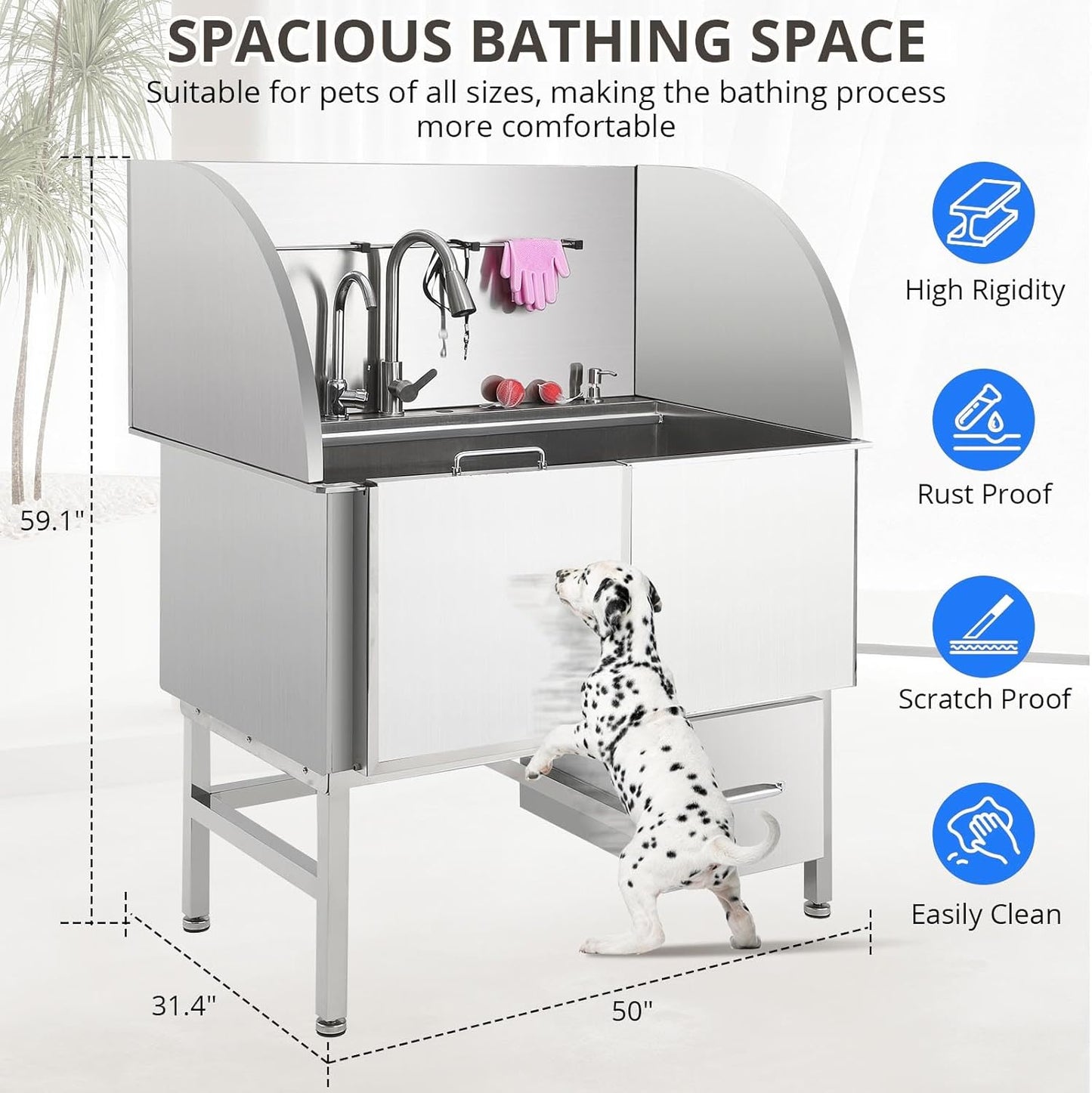Professional Dog Grooming Tub, 50" Stainless Steel Dog Wash Station with Foldable Ramp, Storage Drawer, Floor Grate & Faucet/Dog Bathtub for Large, Medium & Small Pets - Right Door (50")