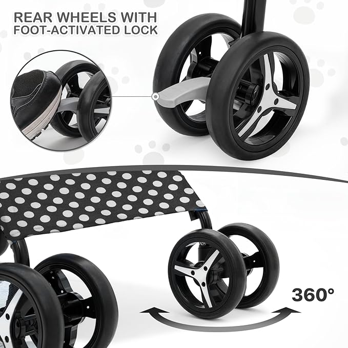 MoNiBloom 4 Wheels Pet Stroller, Easy-Fold Umbrella Shaped Dog Cat Jogger Stroller w/Storage Bag & Visible Mesh for Small/Medium Dogs Cats Black Polka Dots