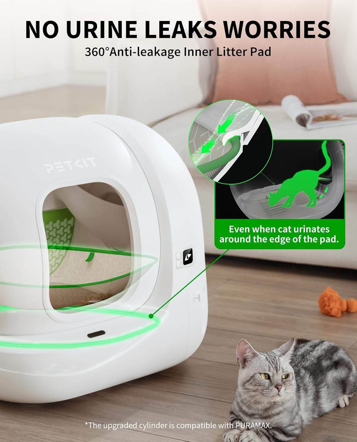 PETKIT PuraMax 2 Automatic Self-Cleaning Cat Litter Box, App Control Scoop-Free Litter Box with Safety Sensors, Odor Free & Anti-Leakage Basic Bundle Includes Trash Bags,2.4G WiFi & Low Entrance