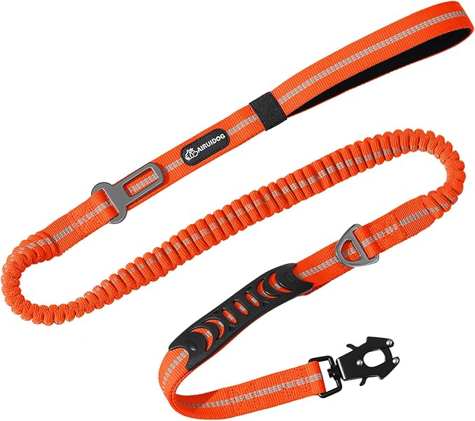Heavy Duty Tactical Dog Leash, 4-6FT Shock Absorbing Bungee Leash with 2 Padded Handles, Metal Carabiner Clip, Car Seatbelt, Reflective leashes for Large Breed Dogs Medium Dog (Orange)