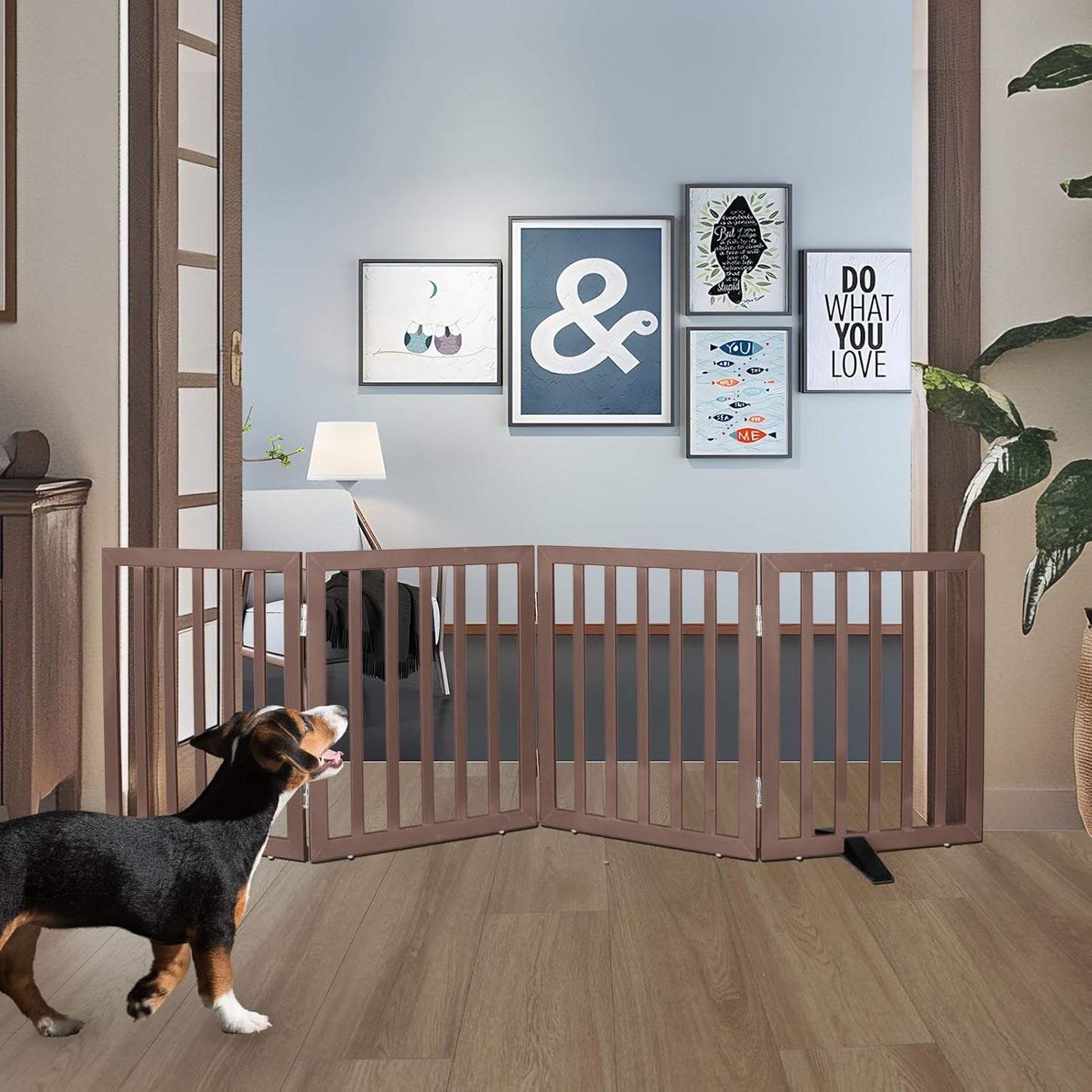 ZJSF Freestanding Indoor Dog Gate for House Foldable Wood Puppy Gate for Doorways Pet Gate for Stairs Extra Wide Pet Fence, Brown, 24" Height 4 Panels