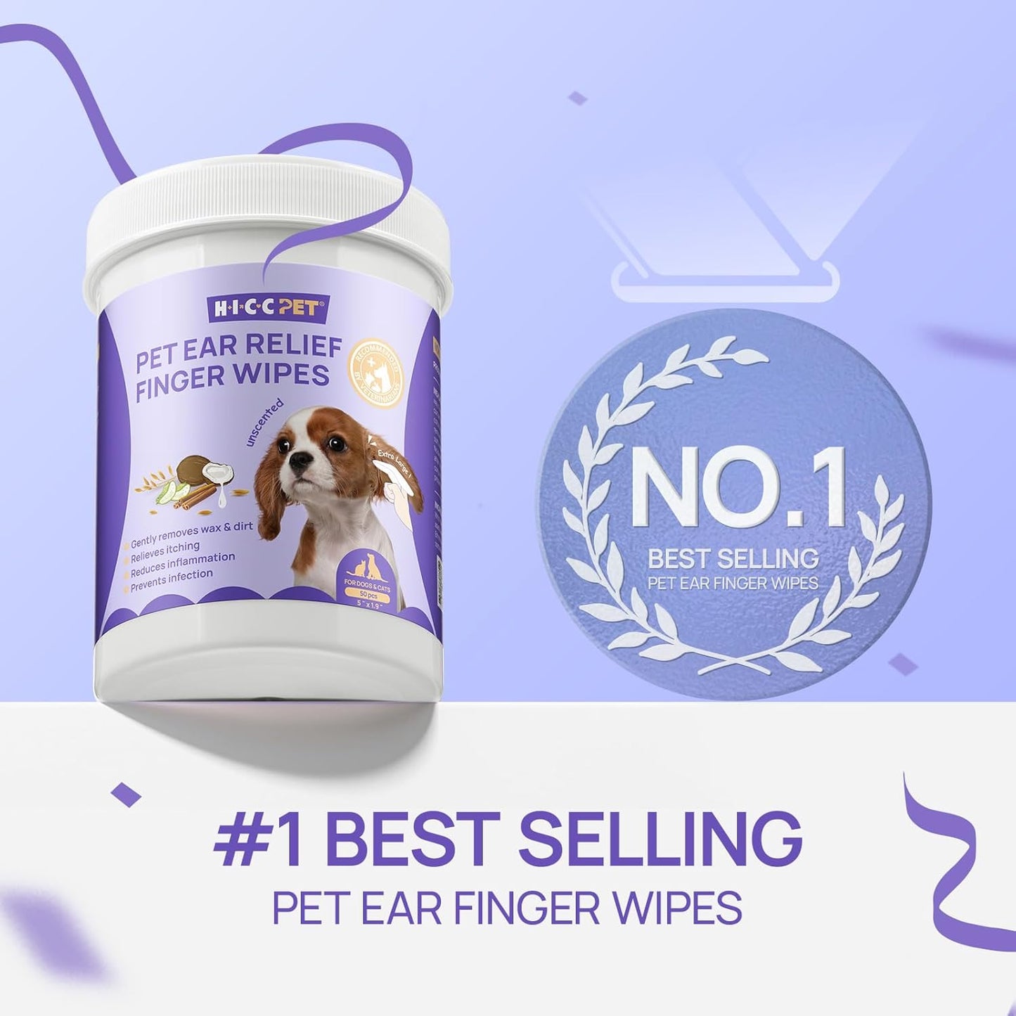 HICC PET Dog Ear Finger Wipes, Ear Cleaner Wipes for Dogs & Cats, Dog Ear Infection Treatment to Relief Itching & Inflammation, Remove Wax, Dirt & Stop Smelly, Non-Irritating, 50ct(Unscented)