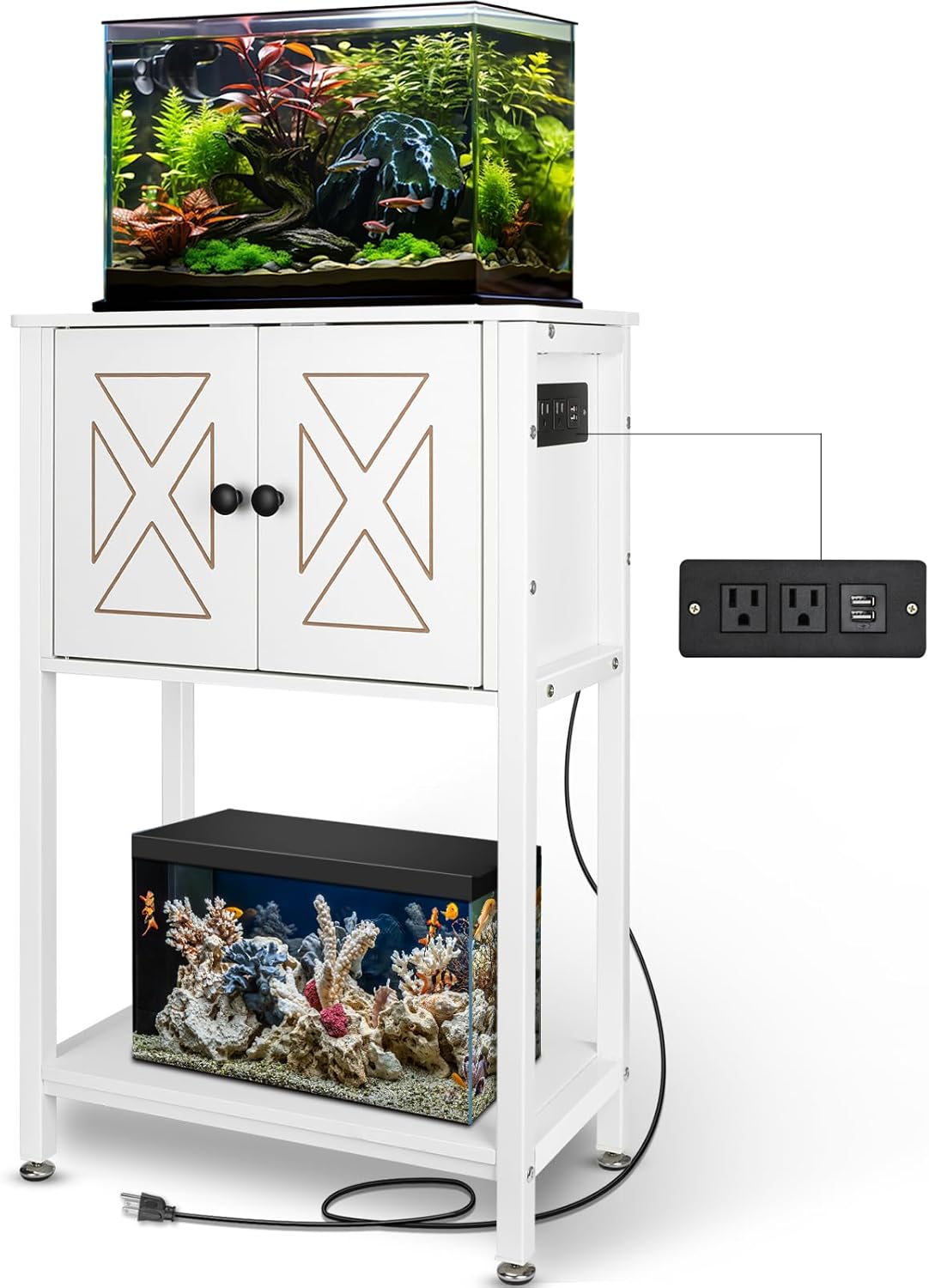 5-10 Gallon Fish Tank Stand, Heavy Duty Aquarium Stand with Cabinet & Power Outlets for Fish Tank Accessories Storage, Double Reptile Terrarium Stand 20.5" L* 11" W Tabletop, White