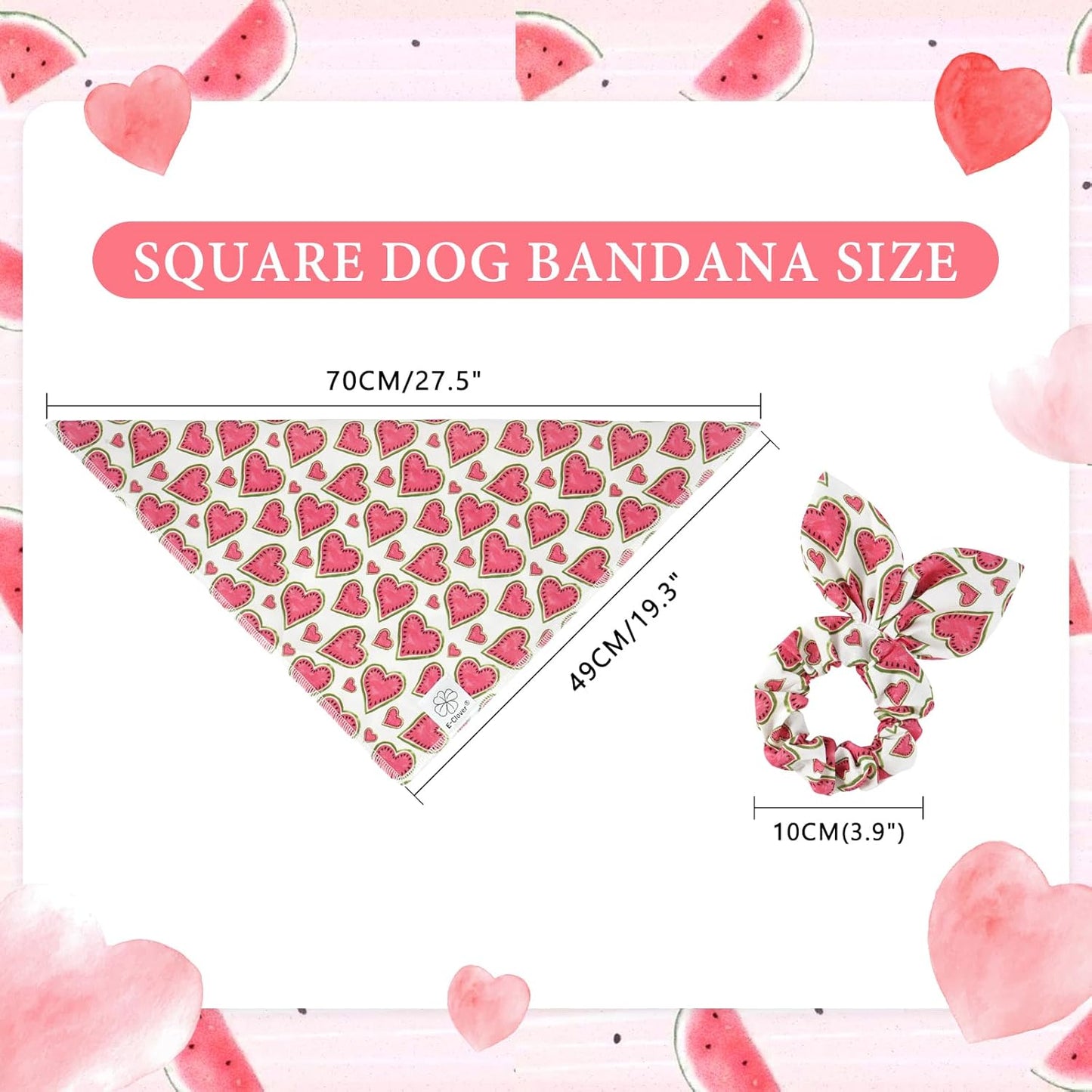 E-Clover Pink Watermelon Dog Bandanas & Matching Scrunchie Set Cute Heart Dog Scarf Bibs Pet Bandana with Bow Tie for Medium Large Dogs Owner Mom Spring Summer