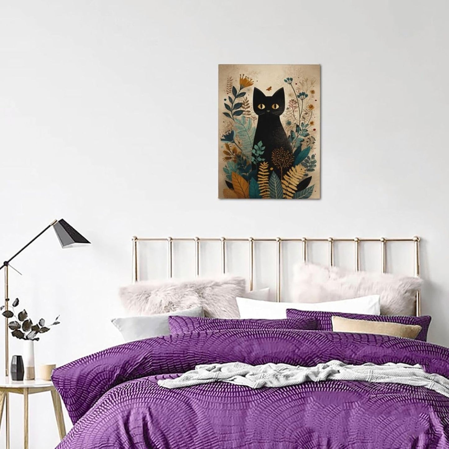 Boho Black Cat Wall Art Kitten Botanical Wall Decor Mid Century Modern Canvas Painting Print Minimalist Pictures Artwork Framed Decorations Gifts for Cat Lover Bathroom Nursery Living Room Bedroom Kitchen 12"x16"
