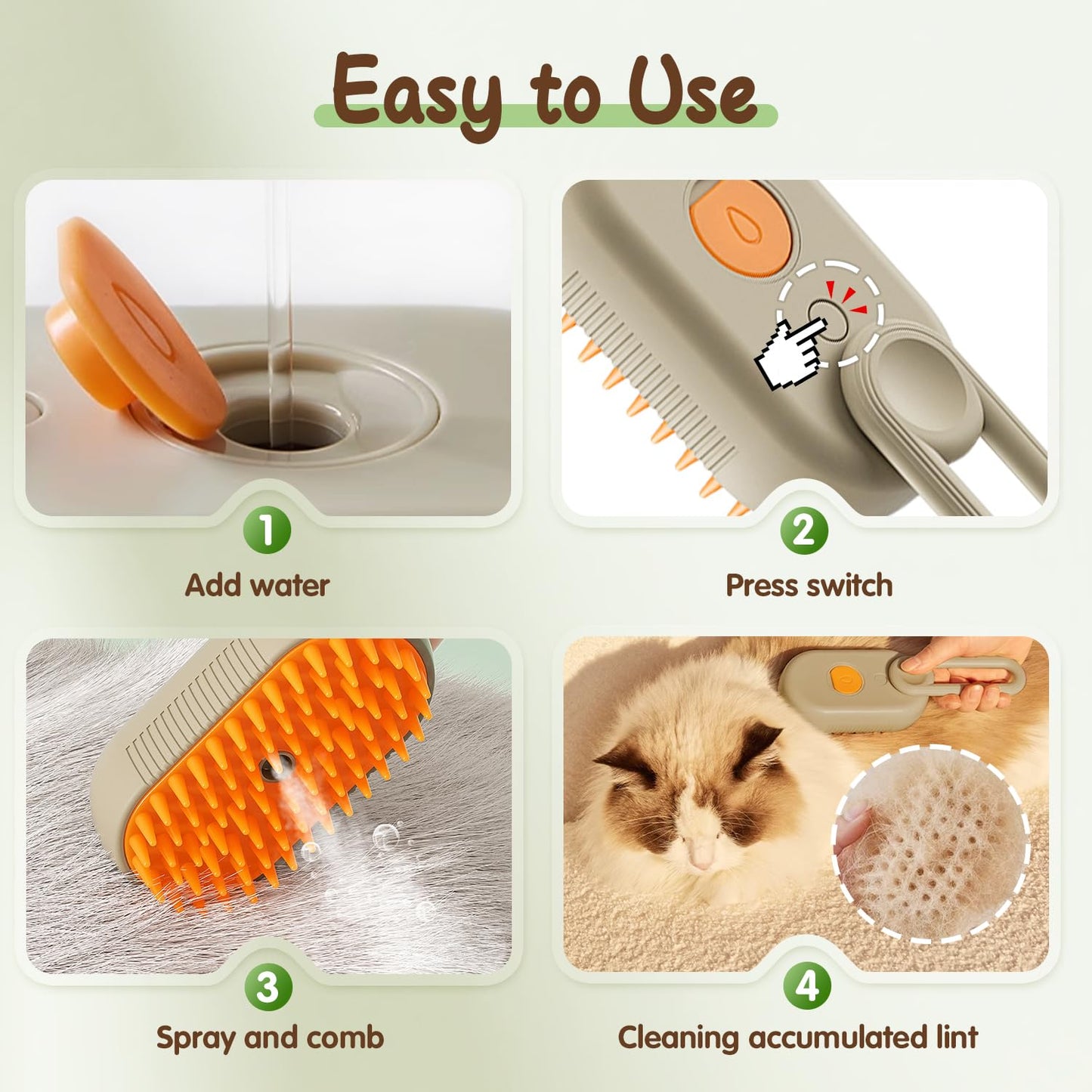 Upgrade Cat Steam Brush, 3 in 1 Pet Steam Groomer Brush, Rechargeable Pet Steam Groomer Comb for Massaging and Cleaning Shedding Pets Hair, Anti-Static Hair Removal Comb for Cats Dogs (Khaki)