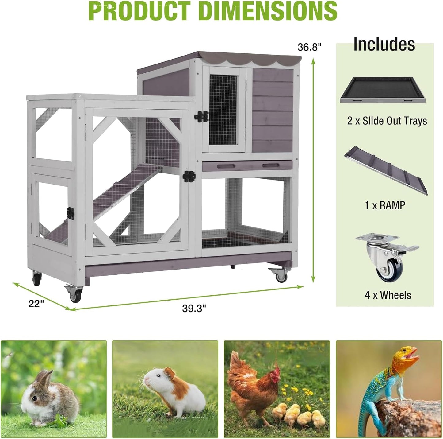 GUTINNEEN 2-Story Rabbit Hutch Indoor Bunny Cage Outdoor Guinea Pig House Wooden Small Animal Cage with Chew-Proof Ramp, Leak-Proof Tray, Lockable Wheels for 2-4 Rabbits, Guinea Pigs (Grey)
