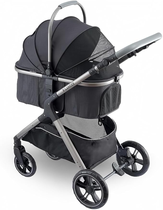 Pet Stroller for Small Medium Dogs, Cat Carriage Travel System Four Wheel Dog Stroller with Carrier, Zipperless Entry/Cup Holder/Storage Basket