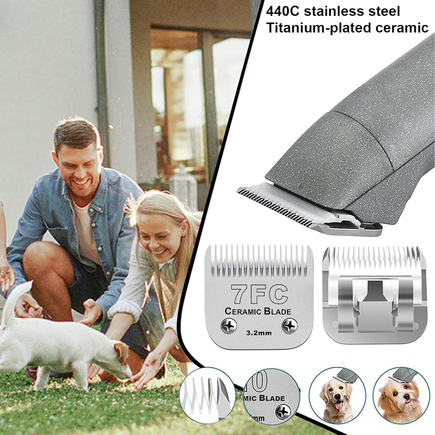 4PACK Dog Grooming Clipper Replacement Blades Compatible with Andis Pet Clipper/Oster A5/Wahl KM Series Dog Clipper,Ceramic Blade & Stainless Steel Blade (#3FC+4FC+5FC+7FC)