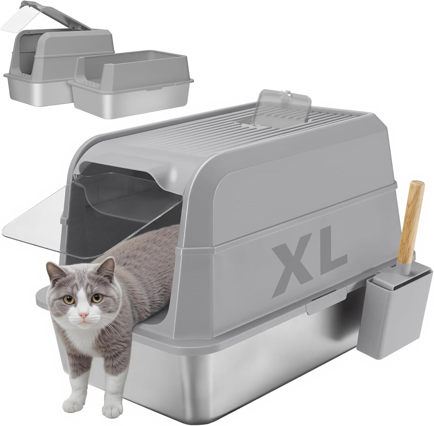 Stainless Steel Litter Box with Lid, XL Extra Large Cat Litter Box, Enclosed Metal Litter Pan with High Sided Enclosure & Scoop, Anti Leakage, Easy to Clean, Odor Control(Grey)