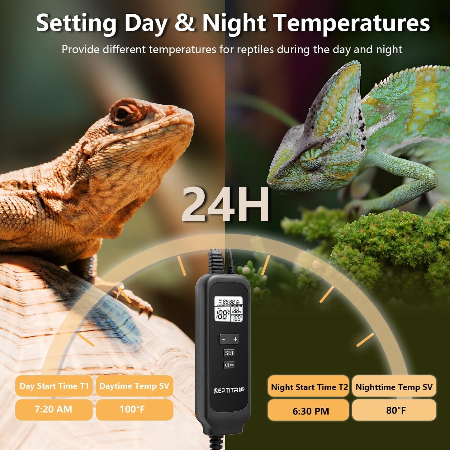 8.5 Inch Day-Night Thermostatic Reptile Heat Light Fixture - Heat Lamp Temperature Controller for Bearded Dragons, Snakes & Lizard – Bulb Not Included (Max 150W)