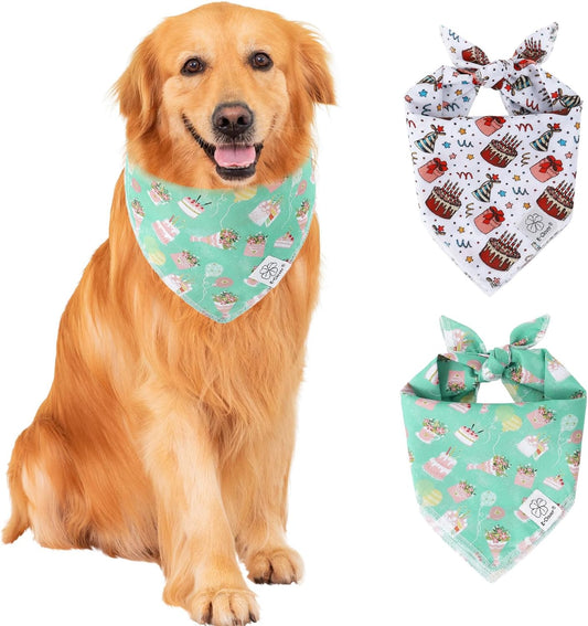 E-Clover Dog Birthday Cake Dog Bandanas White Green Scarf for Dogs Boy Girl Cute Costumes Accessories for Medium Large Dogs