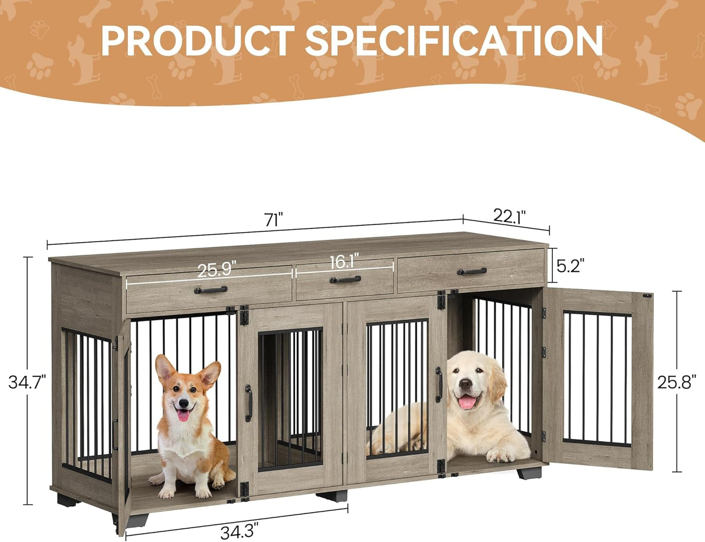 71'' Dog Crate Furniture, Wooden Indoor Dog Kennel for 2 Dogs with 3 Drawers and Removable Room Divider, XXL Double Dog Crate TV Stand End Table with Double Doors for Large Medium Dogs, Grey