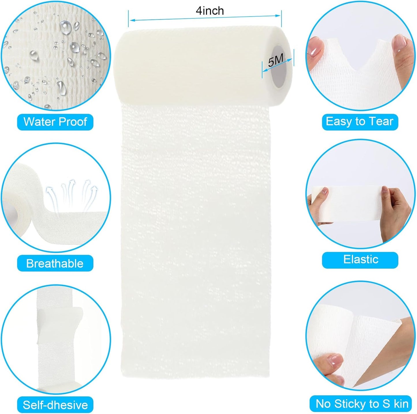Treela 36 Pcs Self Adherent Bandage 4" X 5 Yard Wrap Breathable Cohesive Bandage Elastic Adhesive Tape for Stretch Athletic Sports Wrist Ankle(White)