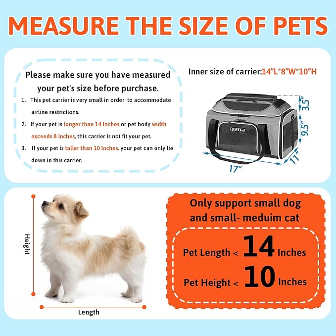 Petskd Top-Expandable Pet Carrier 17x11x9.5 Inches Alaska Airline Approved, Soft-Sided Carrier for Small Cats and Dogs with Locking Safety Zippers and Anti-Scratch Mesh(Grey)